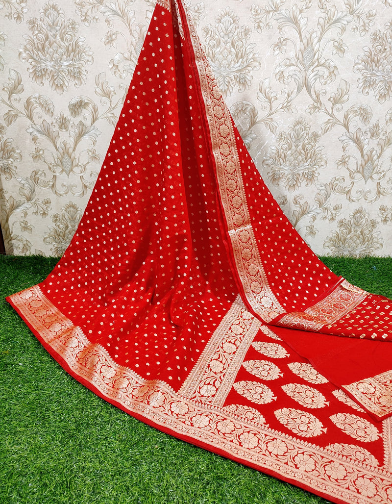 SAREEN Red Georgette Silk Saree with Gold Zari Butti & Heavy Woven Border