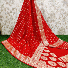 SAREEN Red Georgette Silk Saree with Gold Zari Butti & Heavy Woven Border