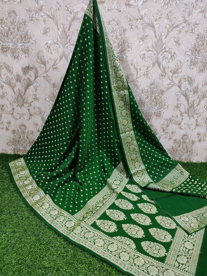 SAREEN Bottle Green Georgette Silk Saree with Gold Zari Butti & Heavy Border