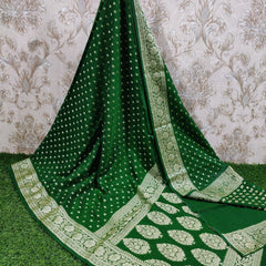 SAREEN Bottle Green Georgette Silk Saree with Gold Zari Butti & Heavy Border