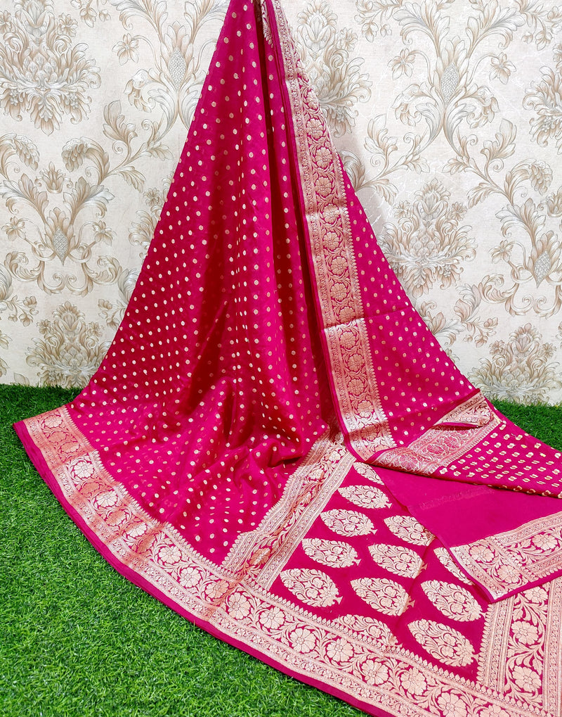 SAREEN Rani Pink Georgette Silk Saree with Gold Zari Butti & Heavy Border
