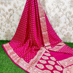 SAREEN Rani Pink Georgette Silk Saree with Gold Zari Butti & Heavy Border