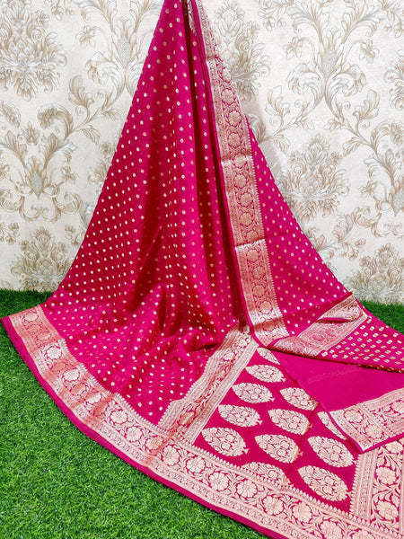 SAREEN Rani Pink Georgette Silk Saree with Gold Zari Butti & Heavy Border