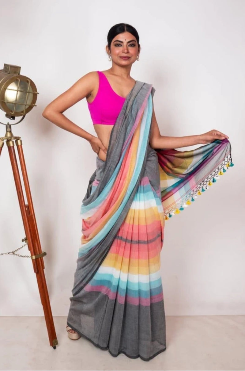 SAREEN Grey Multicolor Stripe Mal Cotton Saree – Soft Everyday Elegance