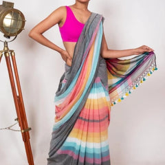 SAREEN Grey Multicolor Stripe Mal Cotton Saree – Soft Everyday Elegance