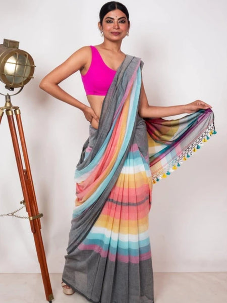 SAREEN Grey Multicolor Stripe Mal Cotton Saree – Soft Everyday Elegance