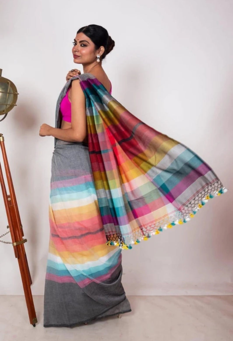SAREEN Grey Multicolor Stripe Mal Cotton Saree – Soft Everyday Elegance