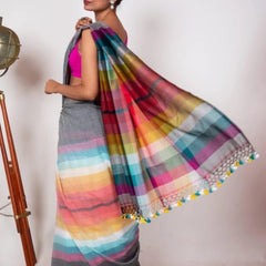SAREEN Grey Multicolor Stripe Mal Cotton Saree – Soft Everyday Elegance