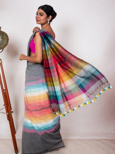 SAREEN Grey Multicolor Stripe Mal Cotton Saree – Soft Everyday Elegance