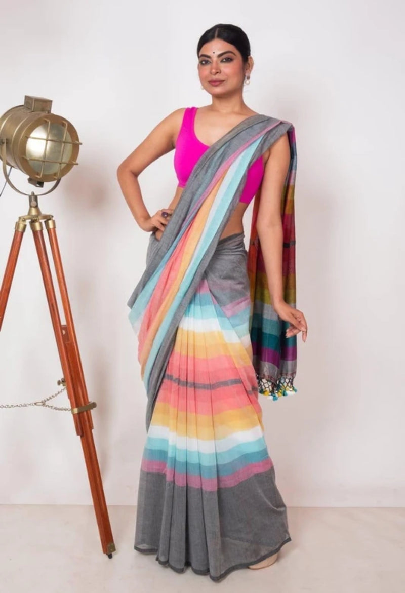 SAREEN Grey Multicolor Stripe Mal Cotton Saree – Soft Everyday Elegance