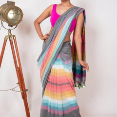 SAREEN Grey Multicolor Stripe Mal Cotton Saree – Soft Everyday Elegance