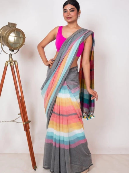 SAREEN Grey Multicolor Stripe Mal Cotton Saree – Soft Everyday Elegance