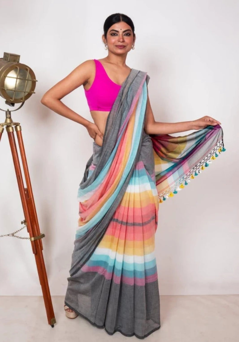 SAREEN Grey Multicolor Stripe Mal Cotton Saree – Soft Everyday Elegance