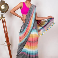 SAREEN Grey Multicolor Stripe Mal Cotton Saree – Soft Everyday Elegance