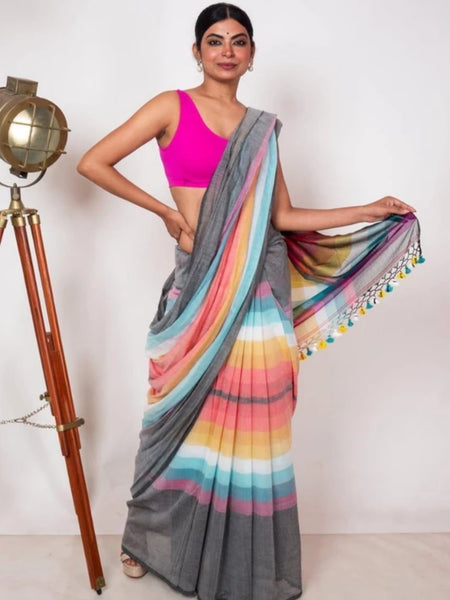 SAREEN Grey Multicolor Stripe Mal Cotton Saree – Soft Everyday Elegance