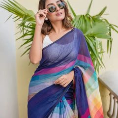 SAREEN Navy Blue Mal Cotton Saree with Multicolor Striped Pallu