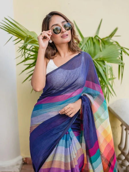 SAREEN Navy Blue Mal Cotton Saree with Multicolor Striped Pallu