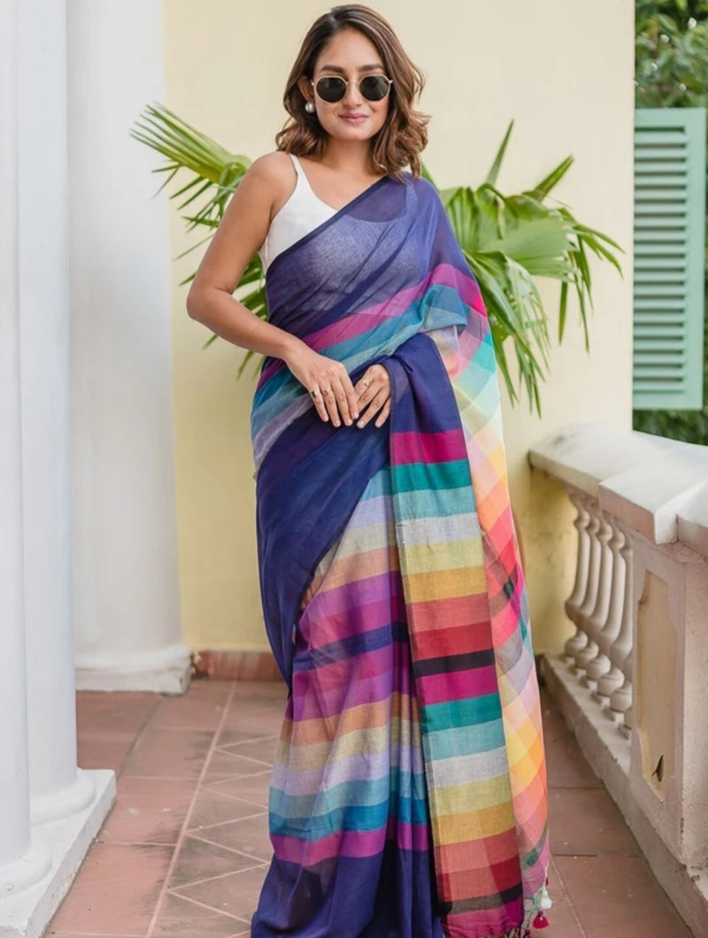 SAREEN Navy Blue Mal Cotton Saree with Multicolor Striped Pallu