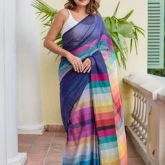 SAREEN Navy Blue Mal Cotton Saree with Multicolor Striped Pallu