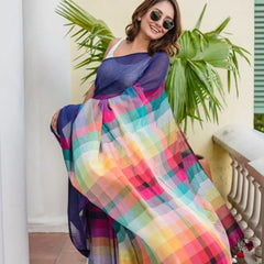 SAREEN Navy Blue Mal Cotton Saree with Multicolor Striped Pallu