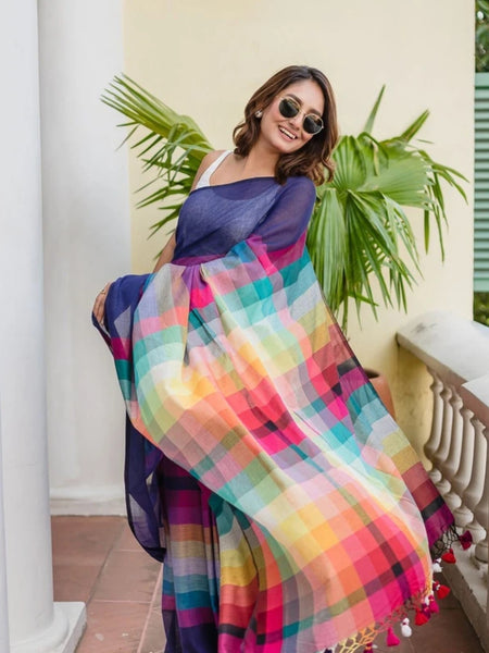 SAREEN Navy Blue Mal Cotton Saree with Multicolor Striped Pallu