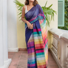 SAREEN Navy Blue Mal Cotton Saree with Multicolor Striped Pallu