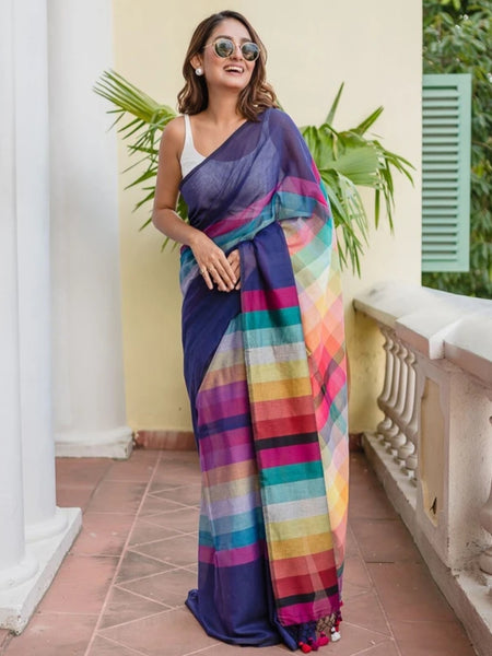SAREEN Navy Blue Mal Cotton Saree with Multicolor Striped Pallu