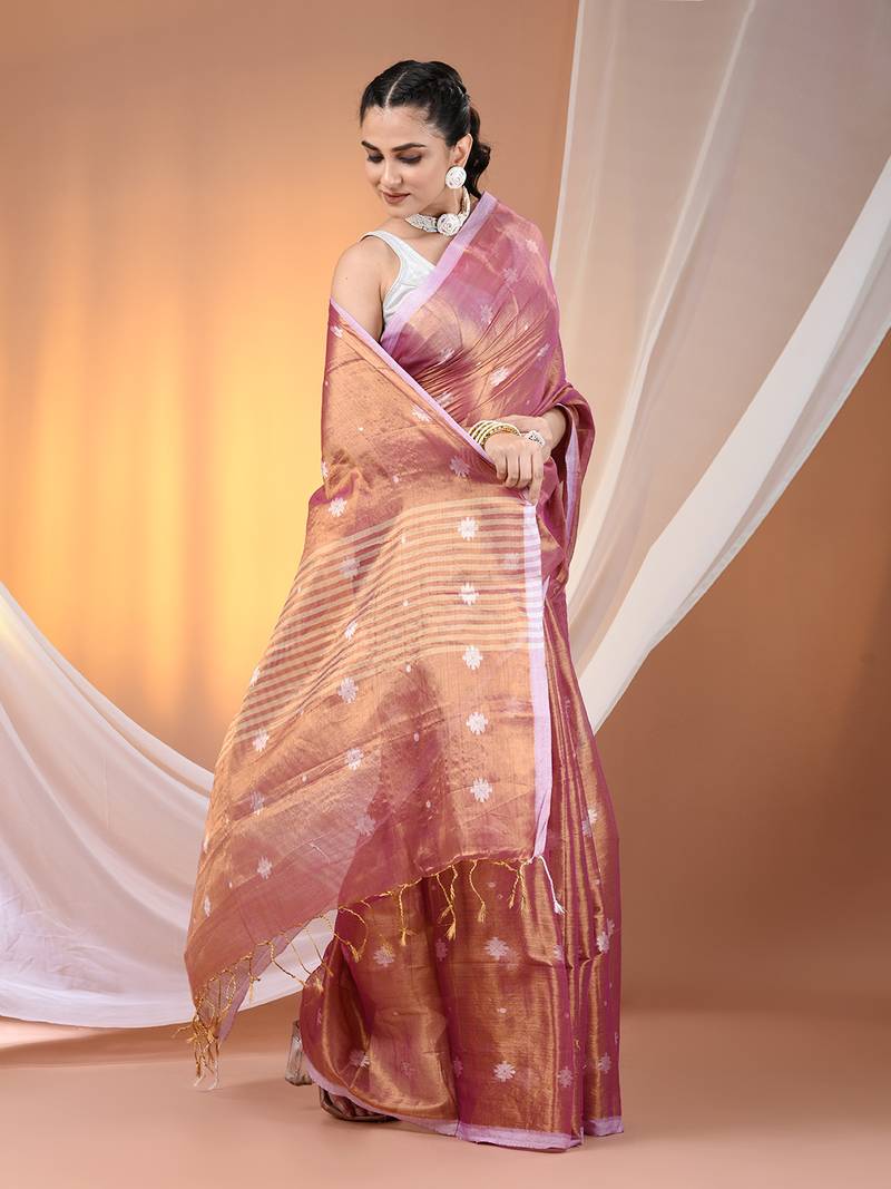 SAREEN Copper Rose Tissue Jamdani Saree with Subtle Woven Butis