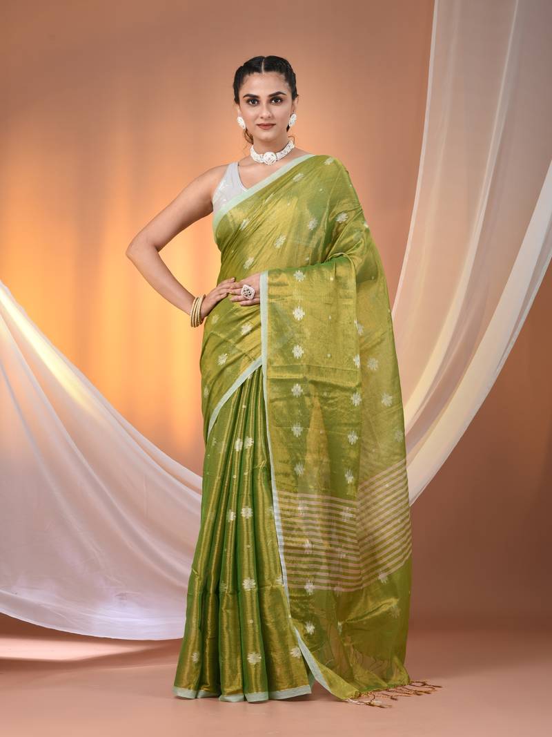 SAREEN Green Tissue Jamdani Saree with Woven Motifs & Striped Pallu