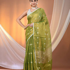 SAREEN Green Tissue Jamdani Saree with Woven Motifs & Striped Pallu