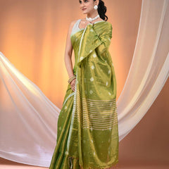 SAREEN Green Tissue Jamdani Saree with Woven Motifs & Striped Pallu