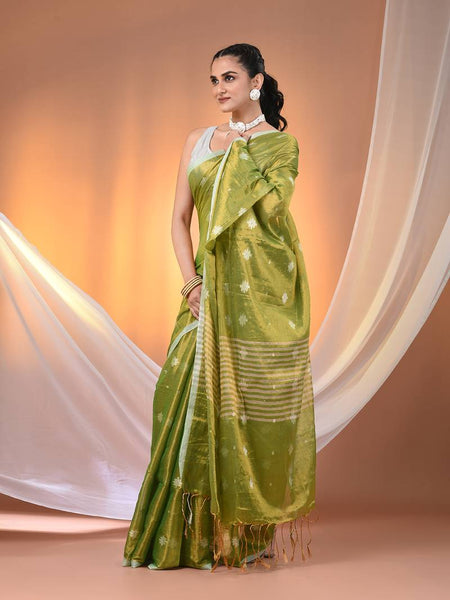 SAREEN Green Tissue Jamdani Saree with Woven Motifs & Striped Pallu