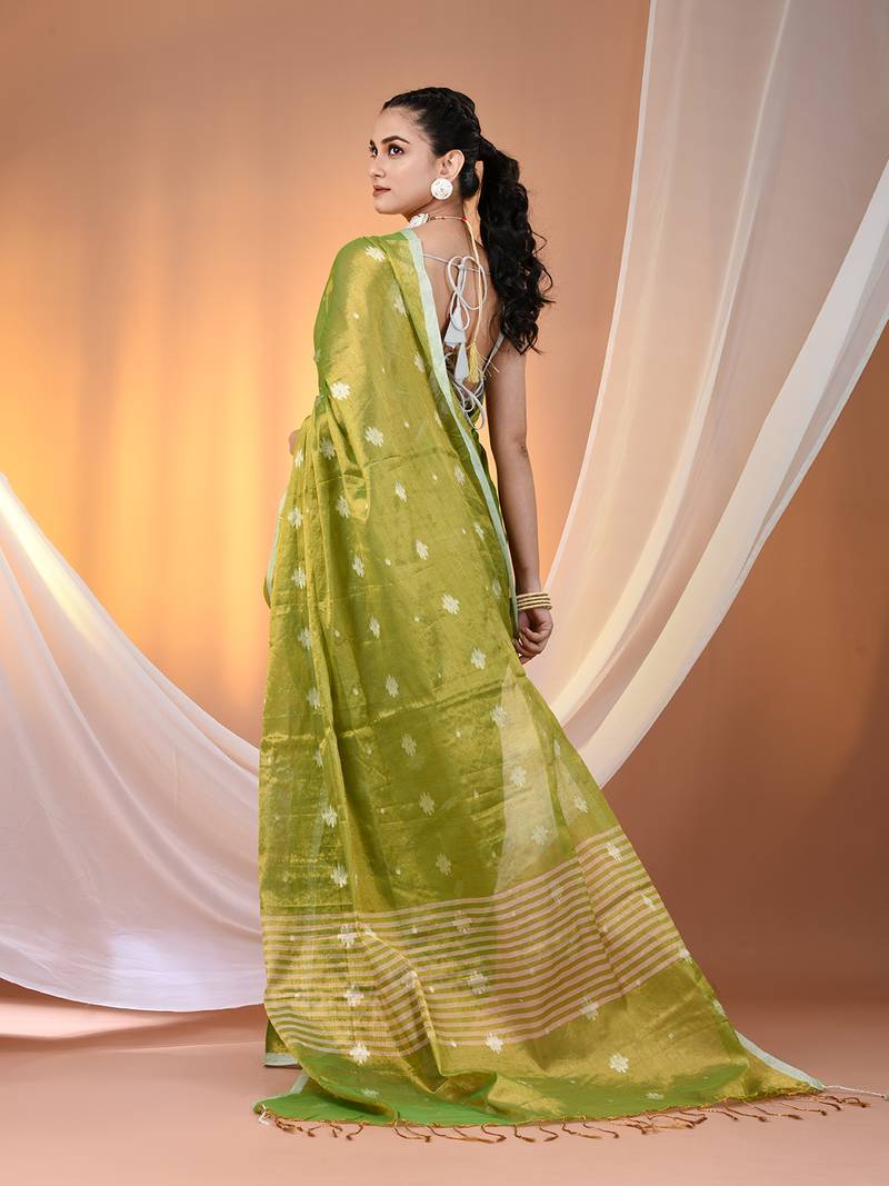 SAREEN Green Tissue Jamdani Saree with Woven Motifs & Striped Pallu