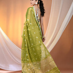 SAREEN Green Tissue Jamdani Saree with Woven Motifs & Striped Pallu