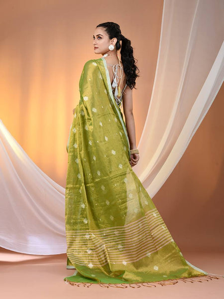 SAREEN Green Tissue Jamdani Saree with Woven Motifs & Striped Pallu