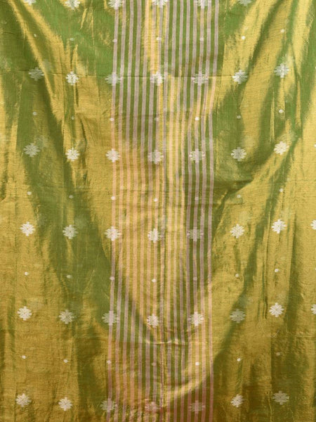 SAREEN Green Tissue Jamdani Saree with Woven Motifs & Striped Pallu
