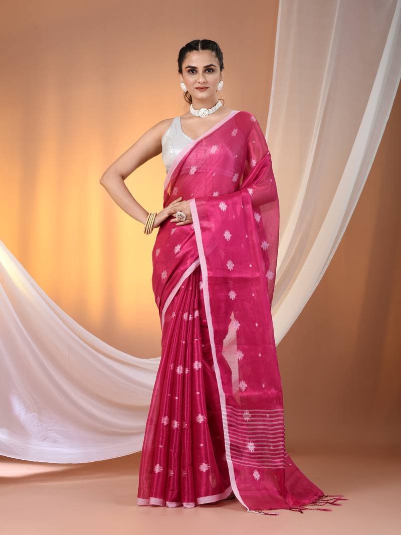 SAREEN Rose Pink Tissue Jamdani Saree with Delicate Woven Motifs
