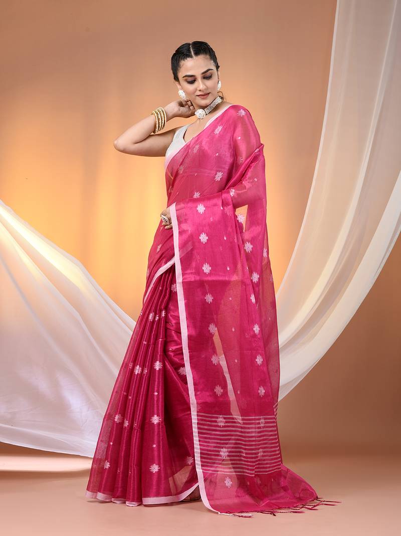 SAREEN Rose Pink Tissue Jamdani Saree with Delicate Woven Motifs