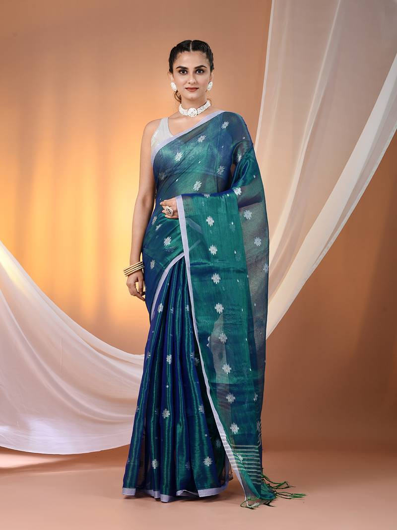 SAREEN Teal Blue Tissue Jamdani Saree with Handwoven Buti Motifs