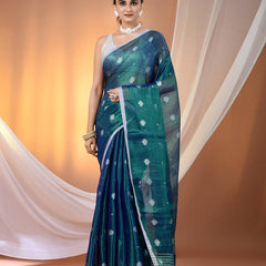 SAREEN Teal Blue Tissue Jamdani Saree with Handwoven Buti Motifs