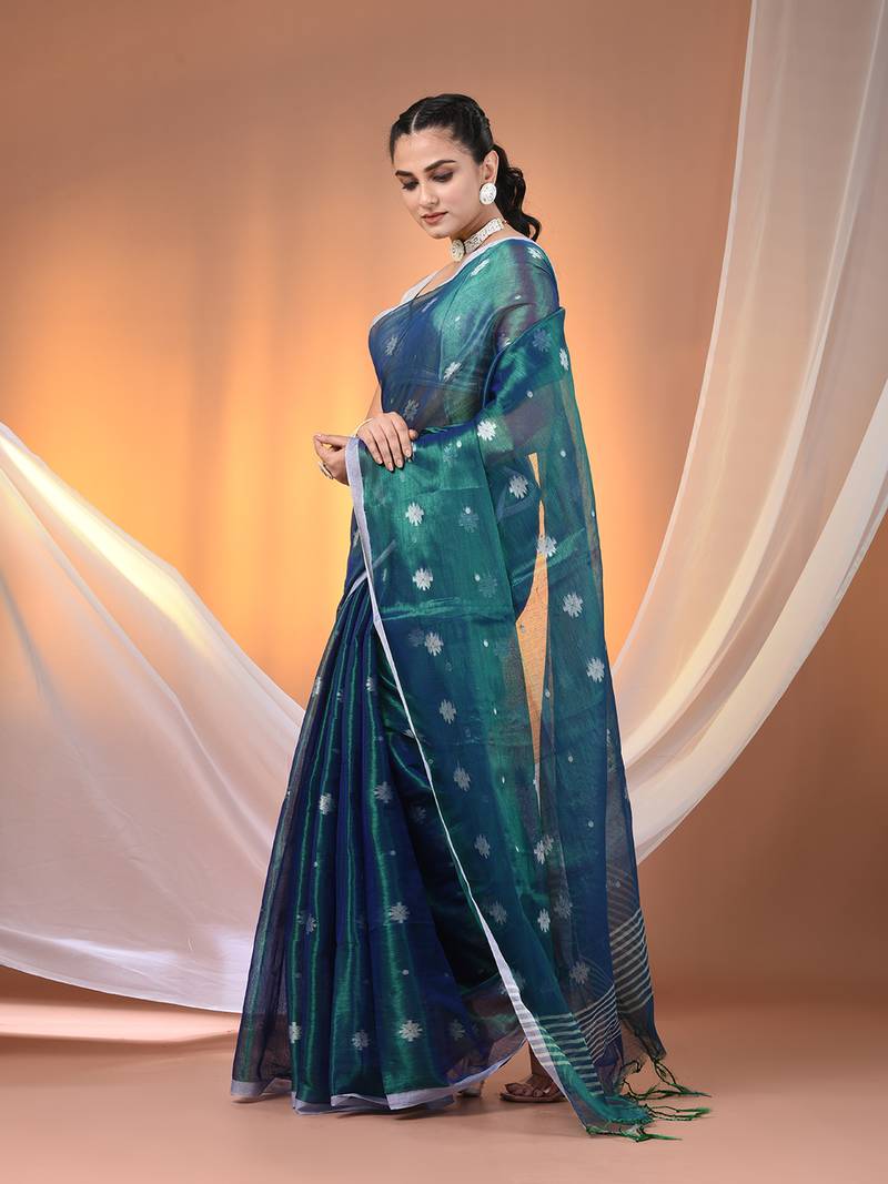 SAREEN Teal Blue Tissue Jamdani Saree with Handwoven Buti Motifs