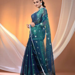 SAREEN Teal Blue Tissue Jamdani Saree with Handwoven Buti Motifs