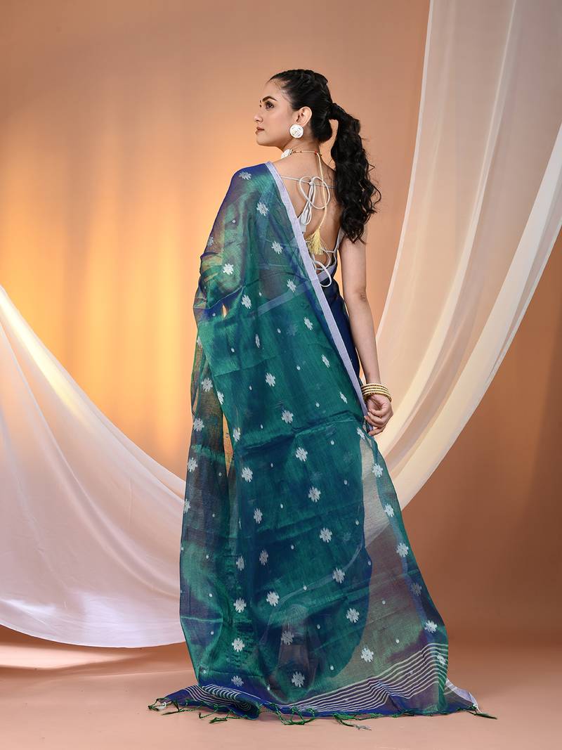 SAREEN Teal Blue Tissue Jamdani Saree with Handwoven Buti Motifs
