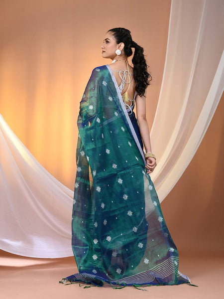 SAREEN Teal Blue Tissue Jamdani Saree with Handwoven Buti Motifs